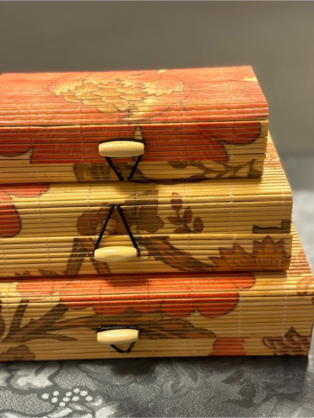 Floral Bamboo Stacked Storage Boxes from India